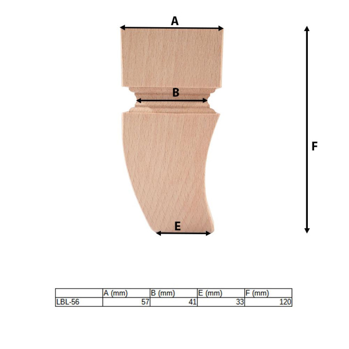 Dimenzije lesene pohištvene noge LBL-56.