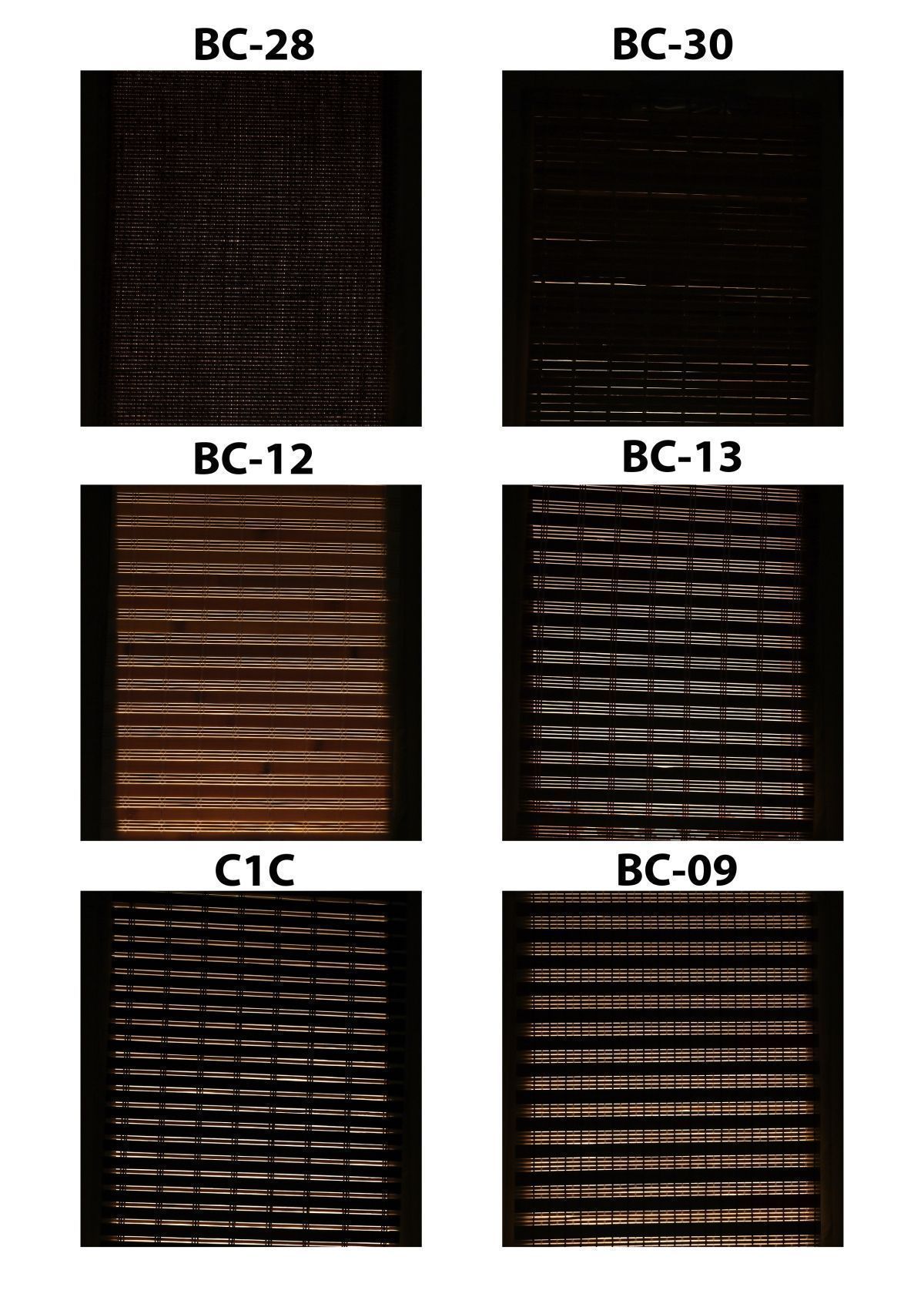 Bambuko žaliuzių medžiagos pasižymi skirtingomis šviesos blokavimo savybėmis. BC-28 ir BC-30 yra geriausios.