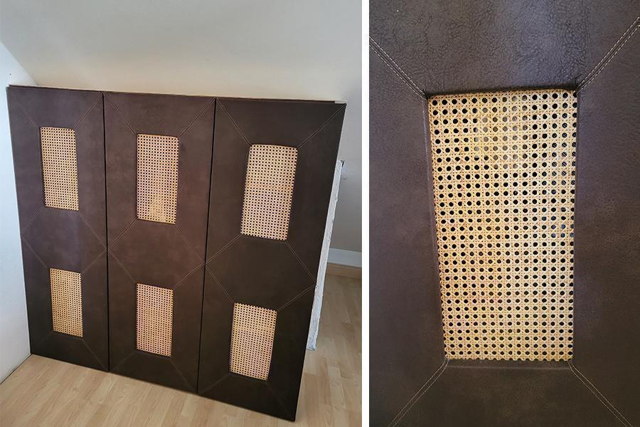 Különleges tetőtéri szekrény thonet nádszövet és bőr ajtóbetéttel. Minőségi rattan méteráru bútorgyártáshoz, felújításhoz és dekorációs célokra.